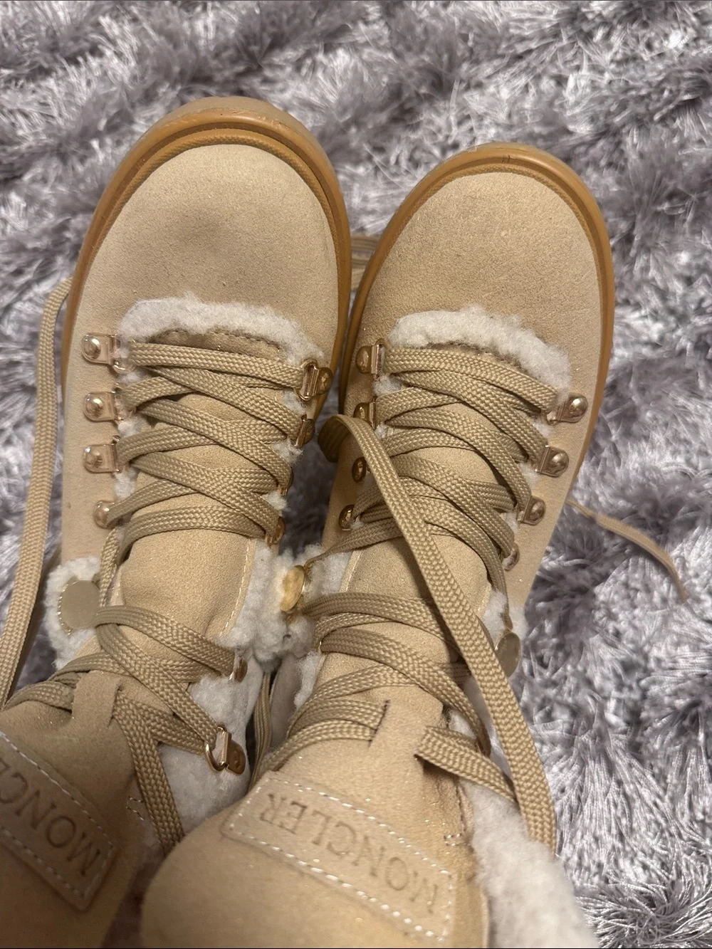 Moncler Beige Suede Shearling Lace-Up Winter Boots 38
